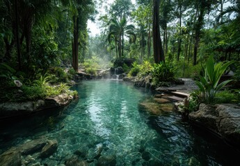 Tranquil Natural Hot Springs Surrounded by Lush Greenery and Towering Trees in an Enchanting Tropical Landscape