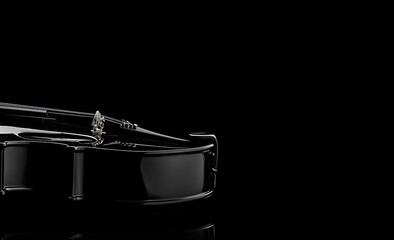Photo of a violin on a black background for text, close-up view with copy space area on the right side