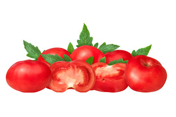Fresh, ripe tomatoes with leaves isolated on transparent background. Full depth of field.