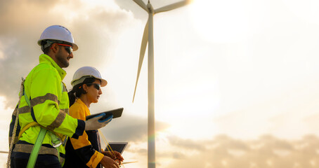 Male and female engineers team walk together wind farm standing tall against cloudy sky sharing...