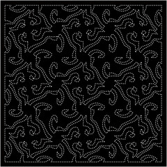 Black background with figures from dots . Black and white pattern for web page, textures, card, poster, fabric, textile. Repeating design.