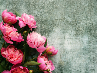 Bouquet of a lot of peonies of pink color close up. Flat lay, top view. 