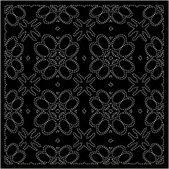 Black background with figures from dots . Black and white pattern for web page, textures, card, poster, fabric, textile. Repeating design.