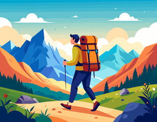 Person Hiking with Orange Backpack Across Mountains with Blue Skies on a Sunny Day in Vector Illustration