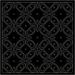 Black background with figures from dots . Black and white pattern for web page, textures, card, poster, fabric, textile. Repeating design.