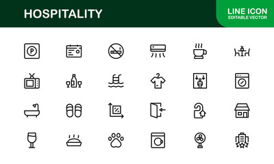 Professional Hospitality Icon Collection with Line Art Symbols for Hotels, Travel, Food Service, Customer Experience, and Tourism