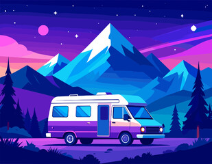 Pixel Art Landscape of a Van Traveling Through Snowy Mountains Under a Starry Purple and Blue Night Sky With Tall Evergreen Trees