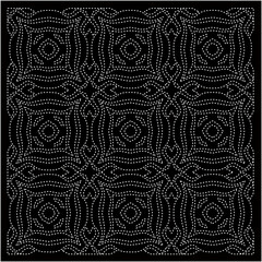 Black background with figures from dots . Black and white pattern for web page, textures, card, poster, fabric, textile. Repeating design.