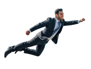 Businessman in suit flying like a superhero.