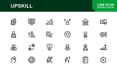 Upskill Line Icon Set – Modern, Minimal Outline Icons for Learning, Growth, Skill Development, Career Training, Coaching, Online Courses and Knowledge