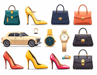 Pixel Art Style Fashion Accessories Including Handbags Shoes Car and Watch with Retro Vintage Aesthetic on White Background