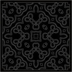 Black background with figures from dots . Black and white pattern for web page, textures, card, poster, fabric, textile. Repeating design.