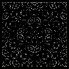 Black background with figures from dots . Black and white pattern for web page, textures, card, poster, fabric, textile. Repeating design.