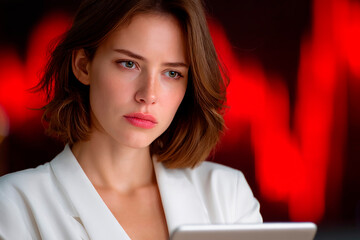Concerned businesswoman analyzing financial data on tablet with red falling graph in background symbolizing market loss and economic crisis