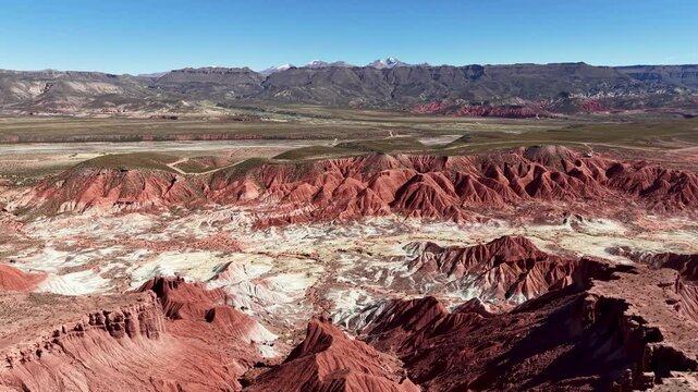 Aerial view of the impressive geological formations of the Valley of the Moon, Cusi Cusi, Jujuy, Argentina