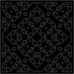 Black background with figures from dots . Black and white pattern for web page, textures, card, poster, fabric, textile. Repeating design.