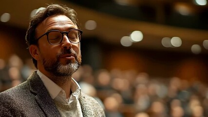 A man giving a motivational speech to a captivated audience at a conference