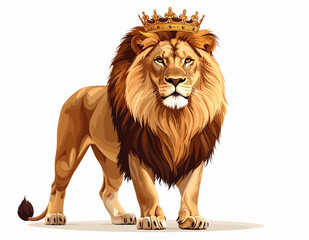 Obraz premium Pixelated Digital Art Depicting a Golden Lion Adorned with a Crown Standing Tall Against White Backdrop