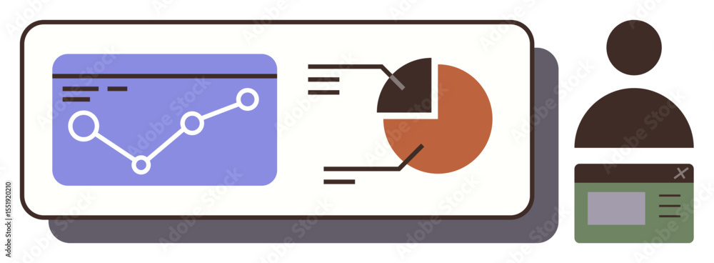 Poster line graph and pie chart on analytics dashboard alongside person icon and profile window. ideal for 