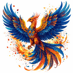Fototapeta premium Pixelated Phoenix Rising with Fiery Orange and Blue Feathers and Outspread Wings on White Background