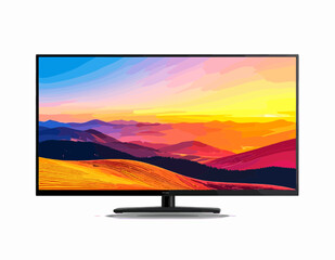 Pixelated Television Displaying a Sunset Landscape with Mountain Silhouettes and Gradient Sky on a White Background