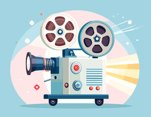 Retro Movie Projector with Reels in White and Blue Tones Against Softly Hued Background Creates a Vintage Cinematic Atmosphere