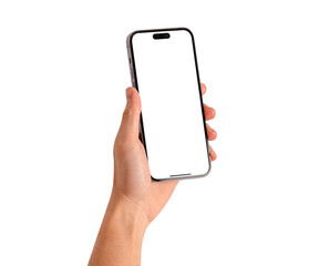 Hand showing smartphone with blank screen isolated.	