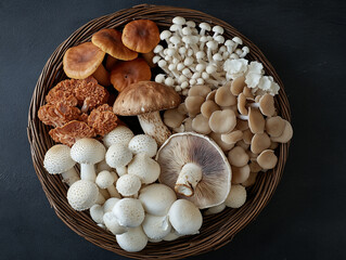 Fototapeta premium A woven basket brimming with an assortment of fresh, earthy mushrooms, showcasing various shapes, sizes, and textures, with some having intricate caps.