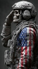 Skull soldier in military gear salutes with American flag colors in a dark environment