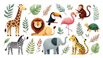 Cute Watercolor Tropical Animals With Green Leaves Set