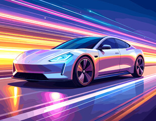 Obraz premium Silver Electric Car Speeding on Road with Abstract Light Streaks in Night Pixel Style
