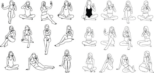 Line Art Women in Swimsuits Taking Selfies with Phones in Various Poses