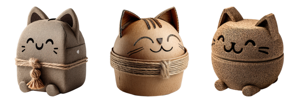 Cute cat shaped gift boxes with smiling faces and rope decoration, made from textured brown cardboard material - Powered by Adobe