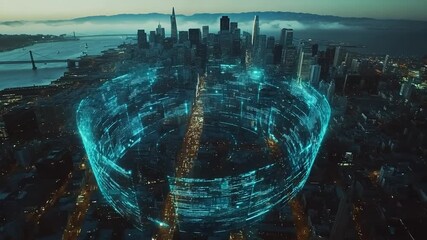 Aerial view of futuristic city with digital overlay effects - Powered by Adobe
