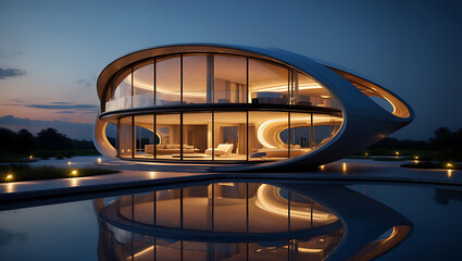 Fototapeta premium A futuristic, curved luxury villa with glass walls, illuminated at night with a perfect reflection in the water.