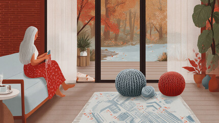 Heartwarming autumn scenes with elderly people enjoying seasonal activities such as walking through parks, reading, knitting, and spending peaceful time outdoors