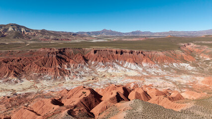 Aerial view of the impressive geological formations of the Valley of the Moon, Cusi Cusi, Jujuy, Argentina