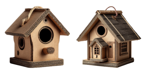Cardboard birdhouse with rope hanger and decorative small house design, eco friendly and rustic style for outdoor use