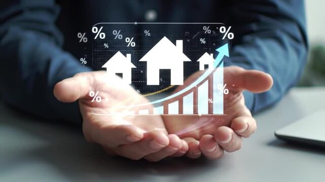 Rising Real Estate Market Hands Holding Growing House Prices Interest Rates Graph