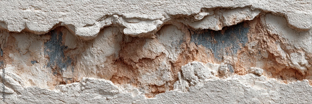 Poster detailed view of textured wall surface displaying peeling layers and exposed materials over time