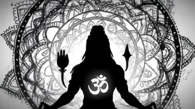 Lord Shivas serene silhouette in a black and white mandala, suitable for yoga and meditationthemed designs, prints, and products.