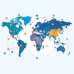 Obraz premium Vibrant Global Network Map with Interconnected Continents in Blue and Orange on White Background