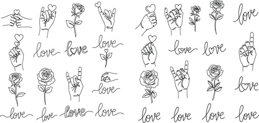 Obraz premium Minimalist Line Art Set Hands Holding Hearts, Roses, and Love Script Illustrations