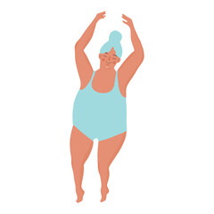 Plus-size woman in a blue swimsuit engaging in active hobbies: dancing, yoga, or fitness. Body-positive concept. Isolated design element on white background