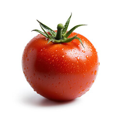 Fresh red tomato with water droplets and green stem isolated on white background