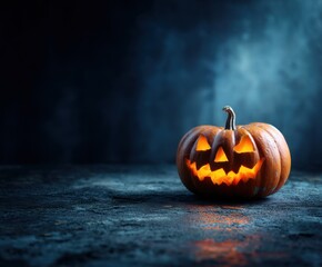 Halloween pumpkin on dark blue background, with copy space