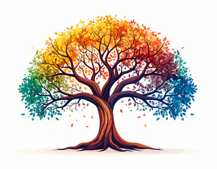 Vibrant Pixel Art Tree with Rainbow Foliage on White Background Digital Illustration