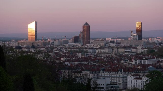 Lyon France time lapse day to night city skyline high angle view at city center