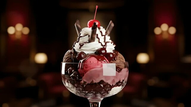 Ice cream sundae close-up: decadent dessert with chocolate, cherry, whipped cream. Perfect for food blogs, restaurant menus, advertising sweet treats, summer indulgence. 