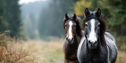 Fototapeta premium Majestic horses roaming along a tranquil forest path during a calm autumn afternoon in nature's embrace
